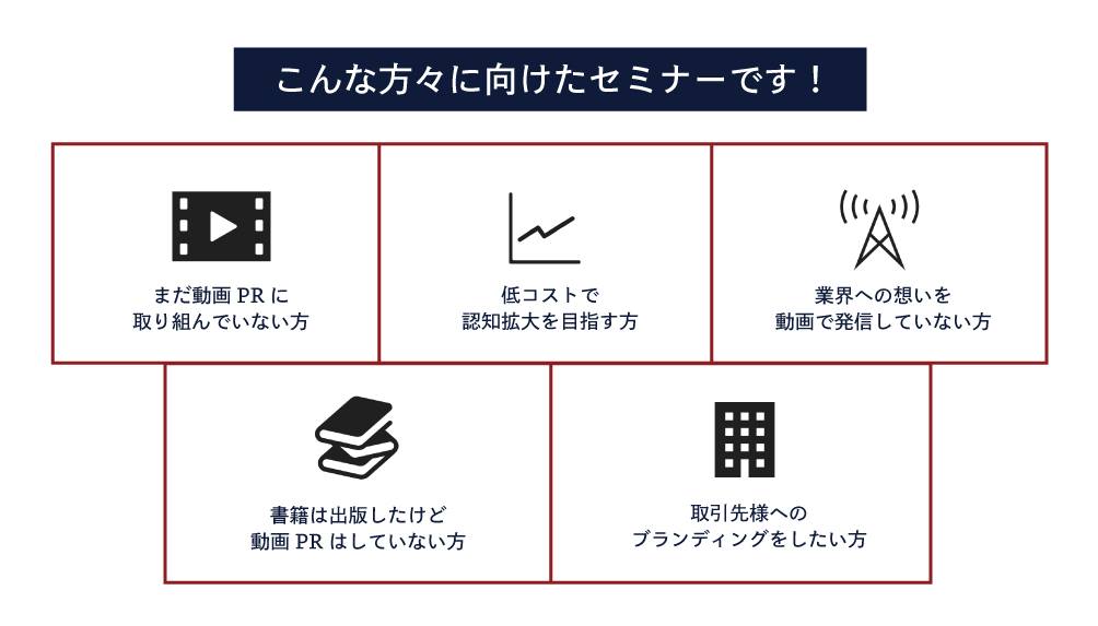 こんな方々に向けたセミナーです！メディアに取り上げられたいけど知識やノウハウが課題の方、低コストで効果のある広報をしたい方、メディア関係者に情報を発信したい方、広報を強化していきたいが何から始めればいいかお困りの方、社内に専任の広報は設けていないが売上に寄与する広報が必要な方